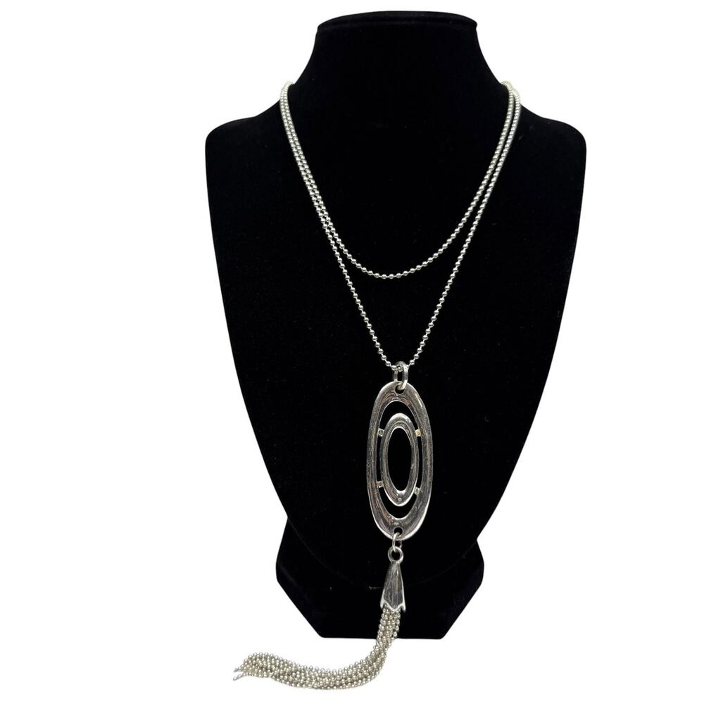 Long Silver Tone Ball Chain Necklace Oval Tassel Pendant Fashion Jewelry 17 in L